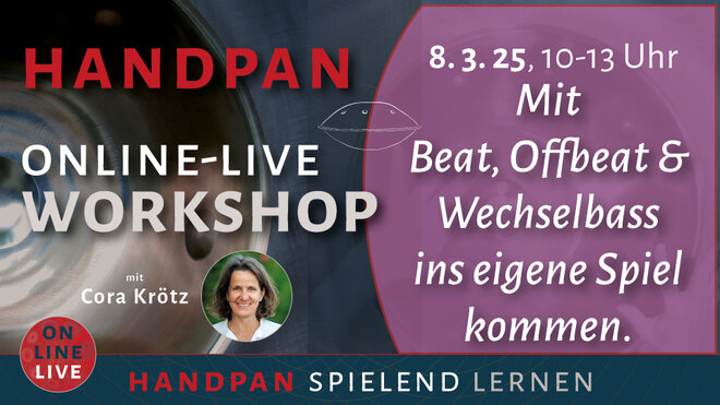 Plakat für den Online-live Kurs "Mit Beat, Offbeat & Wechselbass ins eigene Spiel kommen" mit Cora Krötz